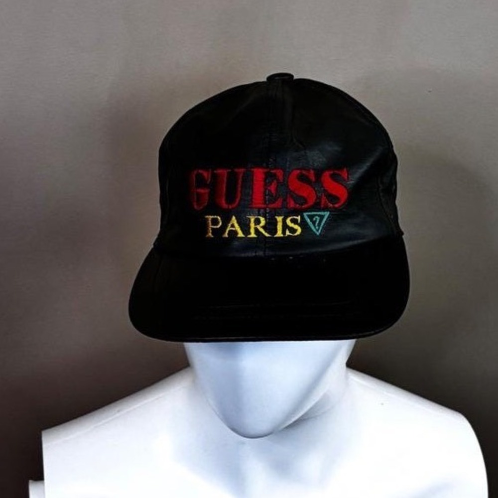 Vintage Guess Paris Black Genuine Leather Snapback Hat Made in USA 90s Mens OSFA